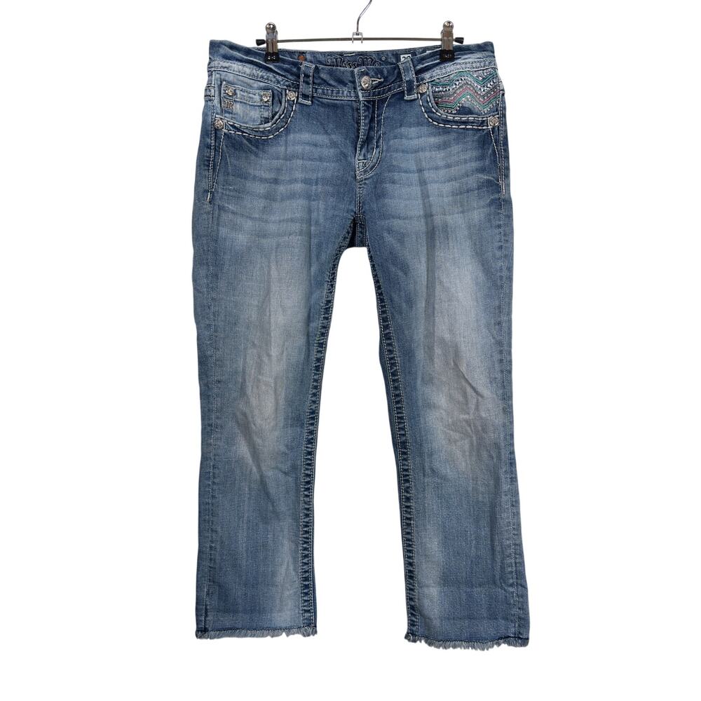Miss Me Easy Cropped Jeans Womens 29 Blue Mid Rise Embroidered Rhinestone